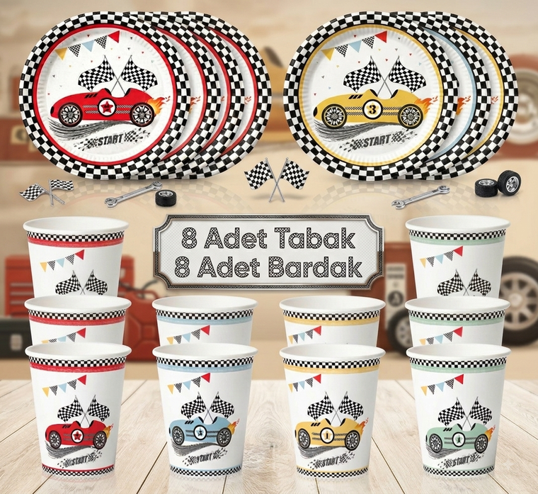 Yarış Arabası Doğum Günü Tabak Bardak